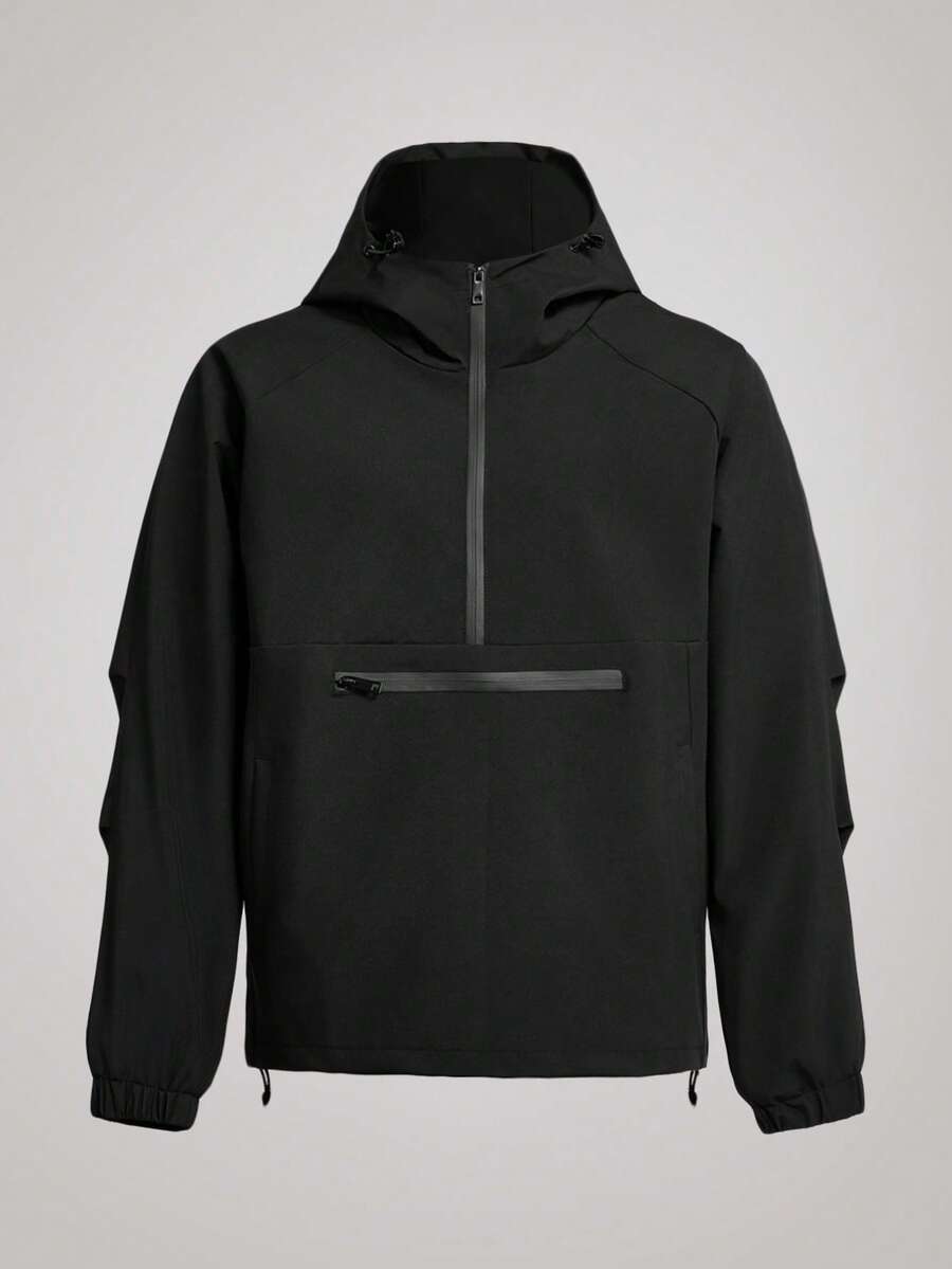 Officeau 男士简约时尚休闲百搭半拉链连帽防水防风夹克，户外轻便黑色长袖连帽衫，适合作为礼物送给朋友、丈夫、男友，适合秋季、春夏穿着。 - 黑色 - 查看 1