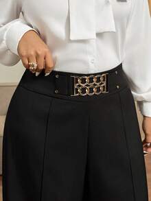 Vionelle Plus Size Women Elegant Casual Solid Color Decorative Belt Loose Wide Leg Pants High Waist Pants Belted High Waist Pants Belt Pants Elegant Pants For Women Gold Chain Belt Petite Wide Leg Pants Pallazo Pants Women Palazzo Pants Women - Black - View 5