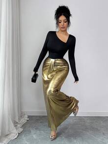 Elenzga Independence Day Party New Fashion Women's Dress, French Elegant Vintage Shiny Stretchy Fabric, Stylish Black+Gold Splice Oblique Collar Ruffle Hem Fitted Flared Hem Casual Versatile Long Sleeve Dress - Black and Gold - View 6