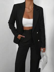 EURMUSE Women's Solid Color Lapel NeckLong Sleeve Jacket And Flared Pants Elegant Suit Set - Hitam - View 7