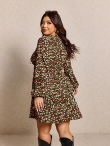 Elaquor Plus Size Women's Ditsy Floral Deep V-Neck Tie Front Lantern Sleeve Dress - Multicolor - View 2