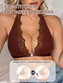 Elegant Sexy Front Closure Romantic Lace Patchwork Halter Bra - Coffee Brown - View 3