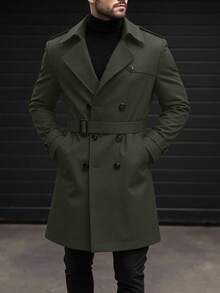 Manfinity Mode Men's Street Hot INS Matching Black Plain Anti-Peak Fabric Double-Breasted Lapel Oversized Trench Coat Plain Casual Trench Coat Boyfriend Husband Gift Anniversary Gift Men Outerwear Army Green Trench Coat Green Trench Coat Men Mens Olive Green Coat Green Coat Men