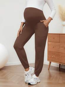 SHEIN Pantalones deportivos de maternidad con bolsillos y cintura elástica - Marrón - Ver 5