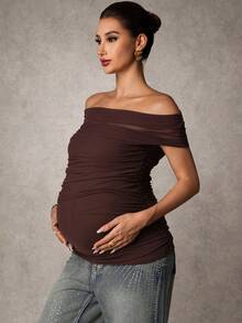 MaterniChic Maternity Clothes Maternity  Tops Summer Pregnant Clothes Brown Off-Shoulder T-Shirt With Mesh Ruching For An Elegant Party Look