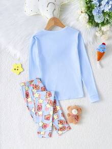 SHEIN 2件套女童可爱熊动物印花蓝色上衣和熊星全身印花舒适柔软弹力针织贴身家居服套装 - 彩色 - 查看 2