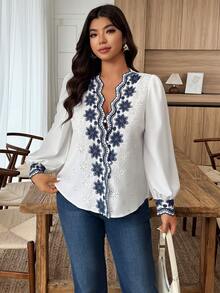 Weeklong Plus Size Women's Contrast Color Embroidered Casual Shirt, Autumn/Winter - Blue and White - View 6