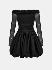 Firerie Kids Firerie Kids Tween Girl Elegant Plush Patchwork Off Shoulder Mesh Rhinestone Embellished Solid Color Ruffle Long Sleeve Ruched Hem Dress, Suitable For Christmas, New Year, Daily Party, Black - Black - View 2