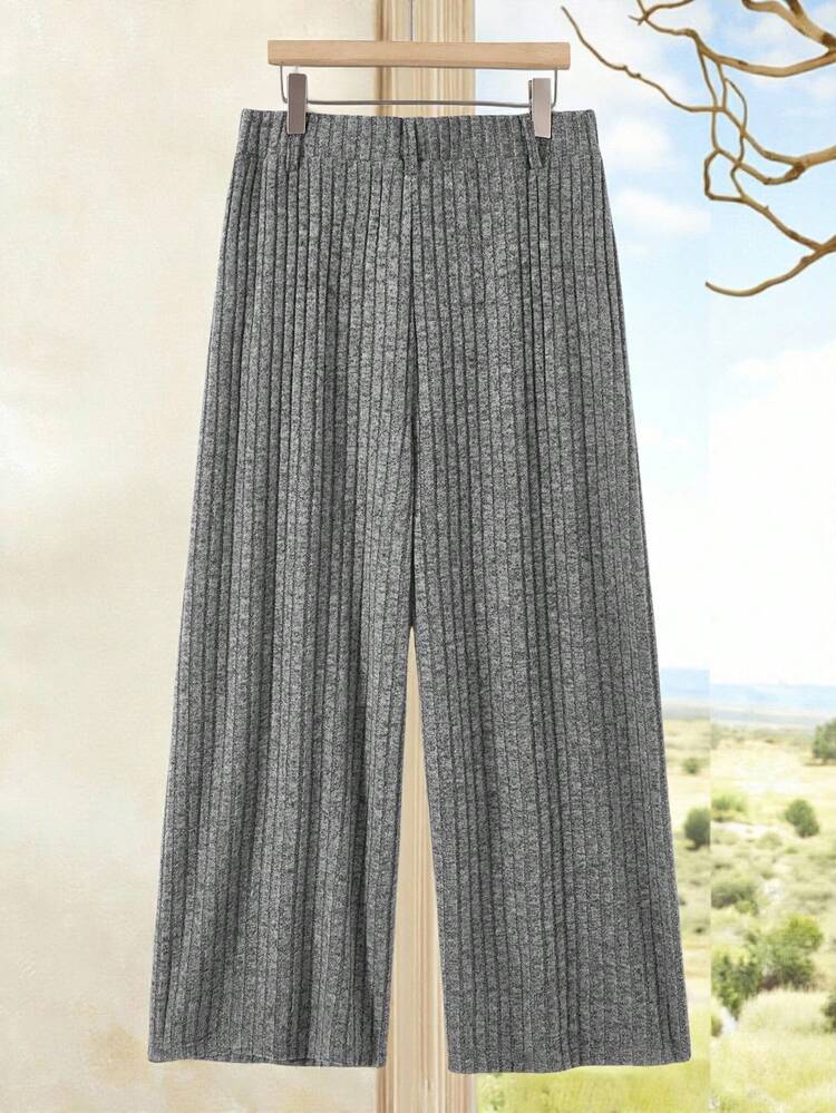 Plus Size Women's Solid Color Elastic Waist Ribbed Wide Leg Loose Casual Pants Gray Pants Winter For Women Country Style For Women Country Concert