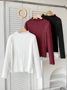 SHEIN 3件套少女秋冬罗纹立领修身长袖上衣，休闲百搭套头衫 - 酒紅色 - 查看 3