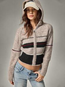 Hanevo Women's Retro Colorblock Striped Hooded Cardigan