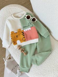 Playful Pals 2pcs Baby Boy Casual Cute Colorblock, Tiger, Crocodile Graphic Print Crew Neck Long Sleeve Sweatshirt And Elastic Waist Pants Set, Suitable For Autumn/Winter Outdoor Sports & Outings - Green - View 5