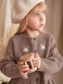 SHEIN Young Girl Cartoon Pattern Crew Neck Long Sleeve Pullover Top And Elastic Waist Pants 2-Piece Set, Girls Rabbit Sweater Set, Girls Cardigan Set, Girls Autumn/Winter Knit Set, Girls Ribbed 2-Piece Set, Girls Knit Cardigan Set, Girls Autumn Outfit, Young GirlWinter Outfit, Brown Girls Knit Set, Girls Rabbit Pattern Set - Mocha Brown - View 5