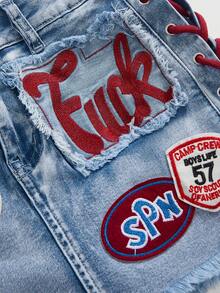 ROMWE Avant Váy denim bó sát mini gợi cảm Y2K phong cách ba lê thể thao retro dành cho nữ, dây rút, thêu logo - Màu xanh lam - Xem 3
