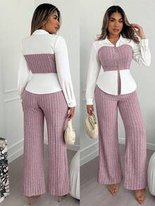 Xyvia 杏色和白色奢华通勤高端成熟智慧女士长袖上衣和阔腿裤两件套，AB面料拼接衬衫领翻领修身腰部上衣，罗纹阔腿裤，适合办公室、校园、商务、旅行、秋冬春季休闲穿着。 - 粉色 - 查看 1