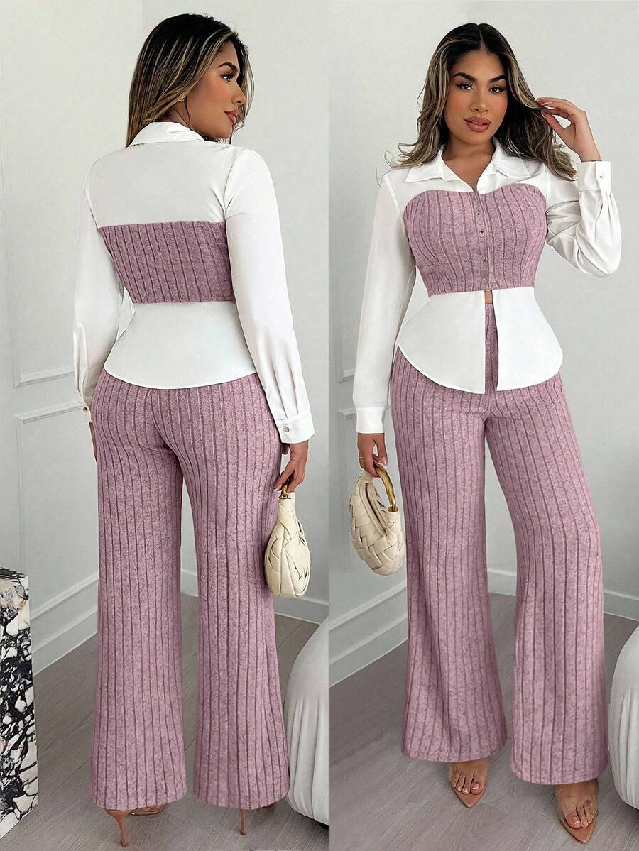 Xyvia 杏色和白色奢华通勤高端成熟智慧女士长袖上衣和阔腿裤两件套，AB面料拼接衬衫领翻领修身腰部上衣，罗纹阔腿裤，适合办公室、校园、商务、旅行、秋冬春季休闲穿着。 - 粉色 - 查看 1