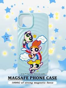 THE POWERPUFF GIRLS X SHEIN 浅蓝色时尚飞行可爱女英雄卡通波浪纹磁性软手机壳，兼容，少女时尚动漫手机壳，带磁性功能，适合日常使用和送礼 - 淺藍色 - 查看 2