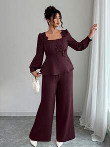 Elenzga 两件套 女士加大码纯色休闲长袖上衣和裤子 - 酒紅色 - 查看 7