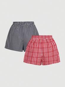 SHEIN MOD 2 chiếc quần short nữ mùa hè kẻ sọc và caro, kiểu dáng thường ngày, xuân/hè, phong cách Valentine, dành cho nữ, mùa hè cho nữ, kẻ sọc và caro, kẻ ô vuông, quần short đi biển, quần short đi biển cho nữ, quần short thường ngày. - Nhiều màu - Xem 2