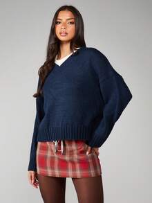 MISSGUIDED Cosy Oversized V Neck Layering Jumper Chunky Knit Sweater Long Sleeve Pullover Winter Fall Casual Comfort - Navy Blue - View 1