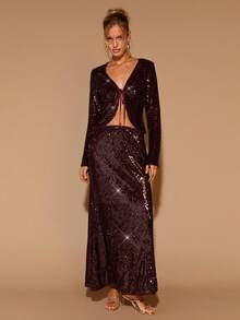 COSMINA 女士酒红色华丽时尚派对亮片裙，圣诞节女士 - 酒紅色 - 查看 3