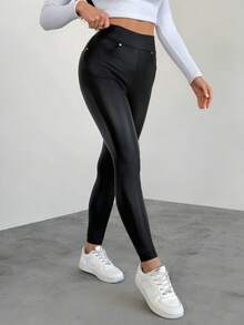 SHEIN Tall Solid PU Leather Bodycon Black Leggings - Black - View 6