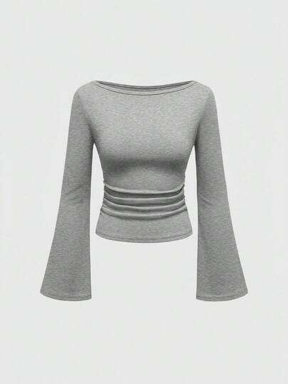 Goth Maglietta aderente da donna a maniche a campana, scollo a barca, tinta unita