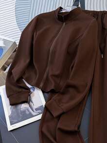 Resyla 女士休闲运动通勤简约纯色立领拉链外套和抽绳喇叭裤两件套，春秋季 - 咖啡棕 - 查看 8