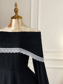SHEIN LUNE Plus Size Off Shoulder Knitted Ribbed Contrast Lace Dress - Black - View 4