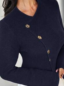 Firerie Women's Deep Floral V-Neck Metal Button Front Long Sleeve Sweater Top, Everyday Commute Knitwear, New Arrival For Spring, Autumn & Winter,Fall,Fall Clothes For Women,Winter Clothes For Women,Sweaters For Women - Navy Blue - View 4