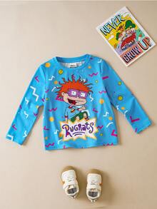 Nick 90s | SHEIN 小男孩卡通人物图案蓝色可爱休闲舒适长袖T恤 - 藍色 - 查看 1