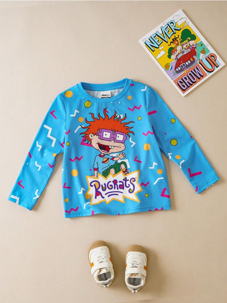 Nick 90s | SHEIN 小男孩卡通人物图案蓝色可爱休闲舒适长袖T恤 - 藍色 - 查看 1
