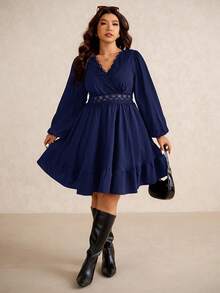 Elaquor 大码优雅通勤纯色蕾丝拼接连衣裙，秋季 - 藏蓝色 - 查看 4