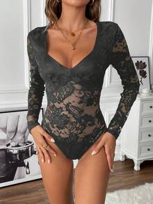 SHEIN Clasi 女款花卉蕾絲長袖性感時尚連身衣 - 軍綠色 - 查看 6