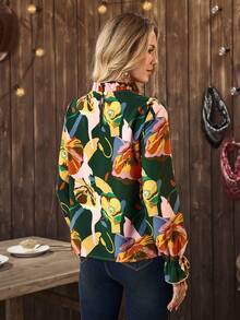 Women's Colorful Printed Casual Long Sleeve Shirt - Green - View 2