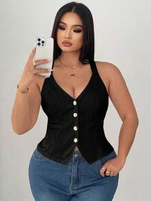 Elenzga Áo hai dây eo bó màu trơn cỡ lớn cho nữ - màu đen - Xem 2