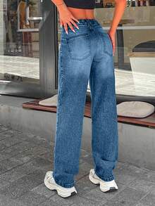 EURMUSE Women's Low Waist Pockets Straight Loose Casual Versatile Jeans - Dark Wash - View 2