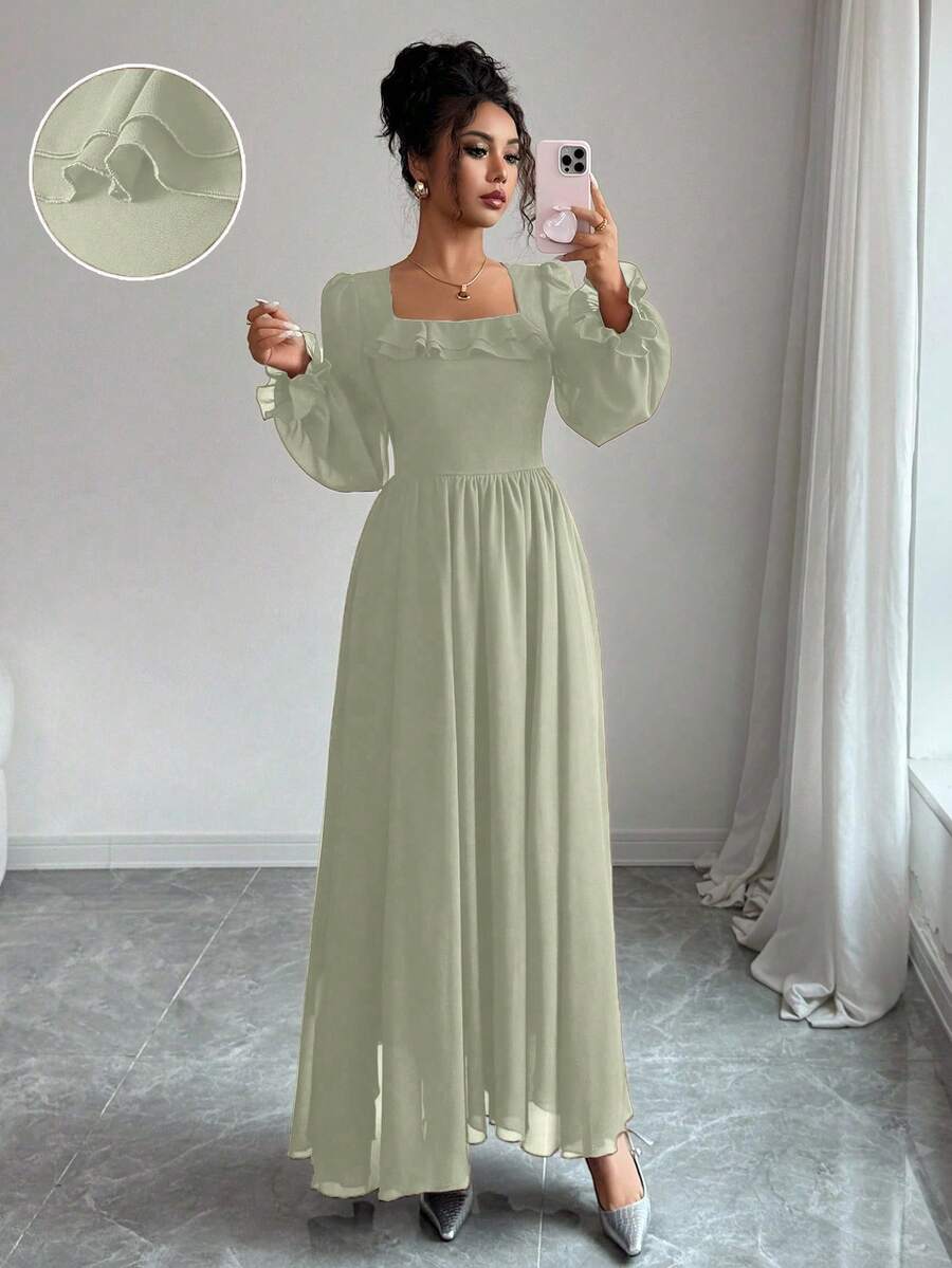 Modelyn 女士纯色法式束腰方领荷叶边下摆优雅连衣裙 - 綠色 - 查看 1