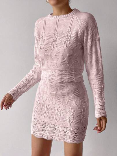 EURMUSE Elegant Texture Knit Hollow Out Sweater & Sweater Skirt Co-Ords 2 Pieces Set