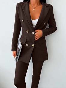 EURMUSE Bộ vest blazer tay dài hai hàng khuy trơn màu và quần âu cho nữ - màu nâu - Xem 6