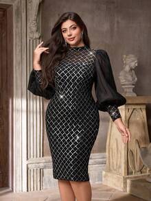 Aureia Vestido ajustado de organza con cuello alto, mangas abullonadas, elegante y romántico, con aplicaciones de lentejuelas, talla grande, adecuado para bodas, fiestas, celebraciones, eventos formales, cócteles - Negro - Ver 3