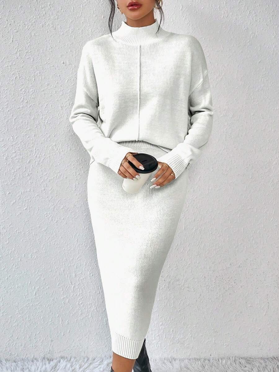 SHEIN LUNE Women's Solid Color Turtleneck Drop Shoulder Long Sleeve Sweater And Knit Skirt 2-Piece Set, Casual For Autumn/Winter - Beige - View 1