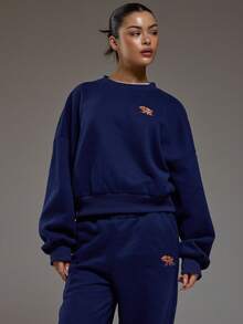 MUSERA Graphic Rubber Logo Cropped Sweatshirt Coord Top Only Winter Coolgirl Cosy Cute Outdoors Explorer Sweaater Casual - Blue - View 1