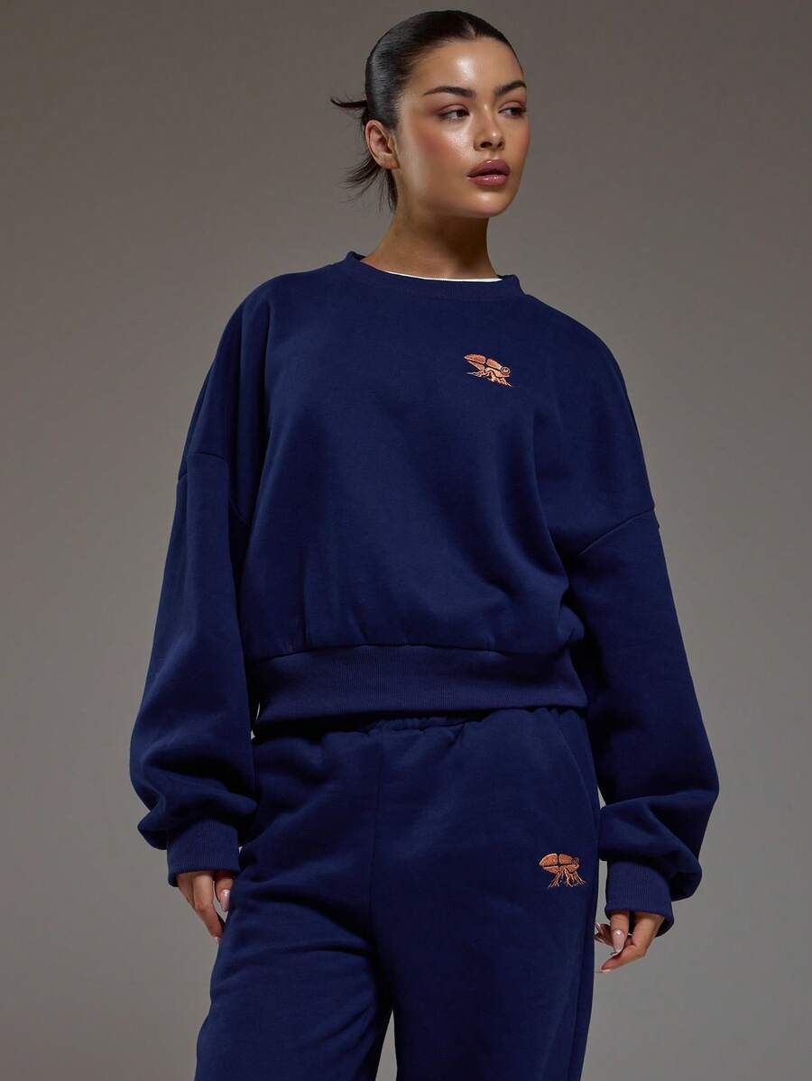 MUSERA Graphic Rubber Logo Cropped Sweatshirt Coord Top Only Winter Coolgirl Cosy Cute Outdoors Explorer Sweaater Casual - Blue - View 1