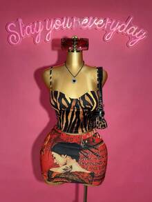 Slaydiva 2025秋冬新款音乐节西式游牧风派对泳池性感度假邮轮旅行海滩海边日光浴网红热辣度假甜美性感可爱休闲夜店装扮女装性感锐舞装扮虎纹图案文胸上衣搭配浮世绘风格图案半裙女式两件套-A - 彩色 - 查看 3