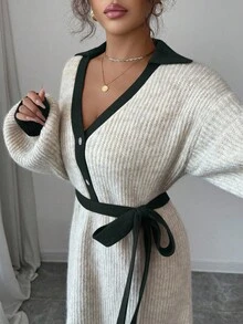 Selianne 女士复古法式撞色领口收腰灯笼袖优雅POLO领针织中长款毛衣连衣裙 - 軍綠色 - 查看 4