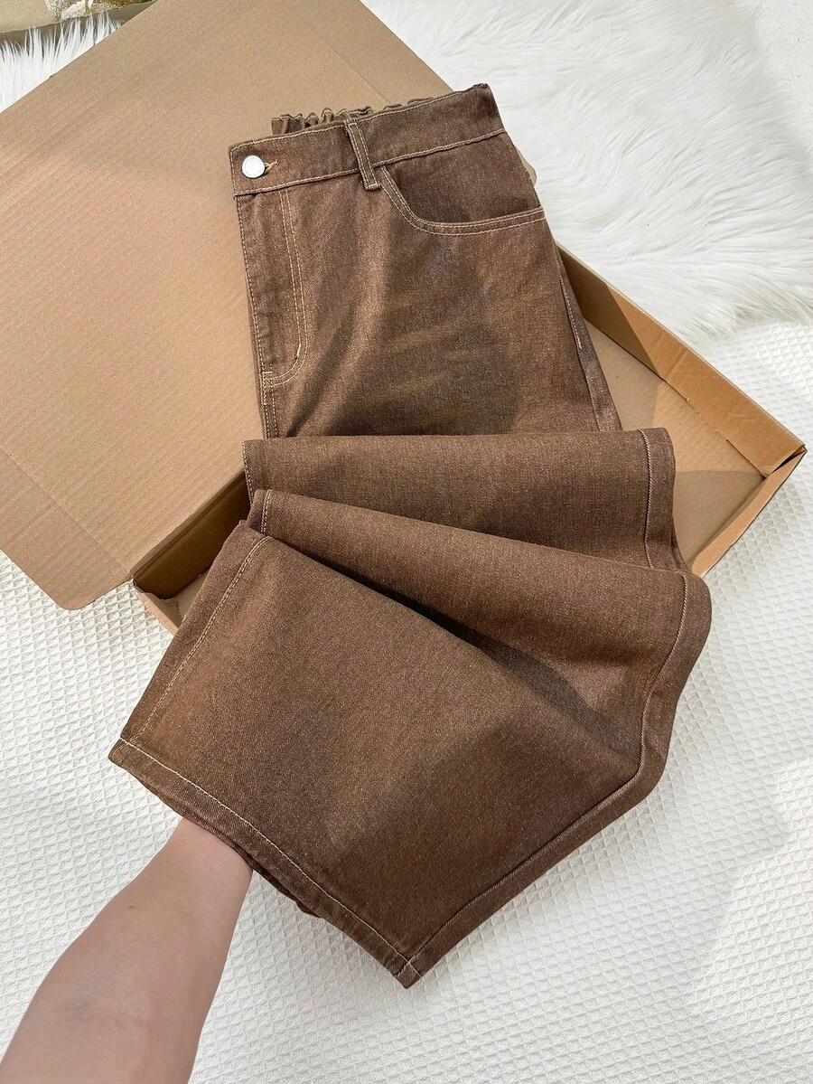 Comfortcana Quần Jeans Ống Rộng Dáng Rộng Size Lớn Quần Jeans Ống Rộng Thời Trang Mùa Thu Đông Halloween Quần Jeans Boyfriend Trơn Retro Đã Giặt Cổ Điển - Màu Khaki - Xem 1