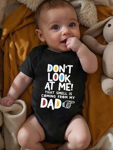 SHEIN Playful Pals Baby Boys' Casual Fashionable Creative Personalized Refreshing Simple Cute Kawaii Cartoon Finger Design Colorful Letter Slogan Graphic Print Comfortable Basic Crew Neck Short Sleeve Bodysuit, Cozy Summer Styles Suitable For Baby Boys' Daily Wear - Black - View 3