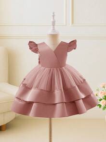 Glamorique Kids 女婴粉色V领荷叶袖连衣裙，后背蝴蝶结设计，优雅大方，适合日常穿着，适合各种场合，展现女孩的甜美气质和时尚风格。 - 粉色 - 查看 2