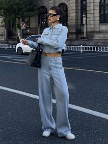 DAZY Women's Casual Cropped Jacket And Jeans Set, Autumn - Blue - View 5